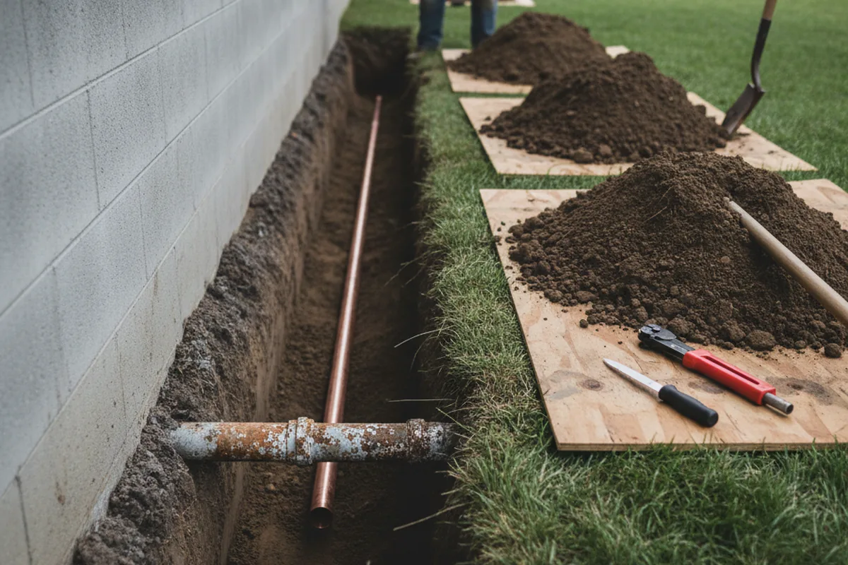 Excavated water line trench during Water Softener Installation in New Eagle